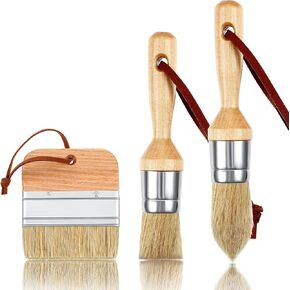 Boao 3 Pcs Chalk Paint Brushes Oval Paint Brush Chalk Paint Wax Brushes Bristle Paint Brushes for Furniture Stencils Home Decor, Including Flat Pointed and Round Chalk Paint Brushes(Wood Color)