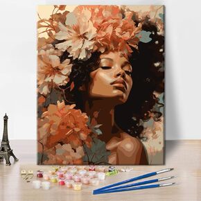 Rebotipy Black Girls Paint by Numbers African American Paint by Number Art Adult Canvas Paint by Numbers DIY Flowers Painting Art Kits Girl Numbers Painting Gifts for Lady Living Room Decor 16x20 in