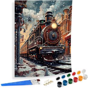 SKRYUIE Paint by Numbers Kit for Adults Beginner Train, Acrylic Snow Oil Painting by Numbers Kits with PaintBrushes Paintwork Art Crafts Canvas for Home Decor 16x20 inch / 40x50 cm