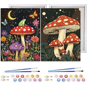 Reofrey Framed Paint by Numbers Kit for Adults & Beginner - 2Pcs 8x12Inch Canvas Mushrooms Paint by Numbers - Night Sky Educational & Creative Art Set for Beginners - Perfect for Home Wall Decoration