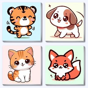 4 Pack Paint by Number Kit for Adults with Framed, Cute Dog Cat Tiger Cartoon Animals Paint by Numbers Kit for Beginners, DIY Painting by Numbers on Canvas Arts and Crafts for Wall Decor Gift 8x8Inch