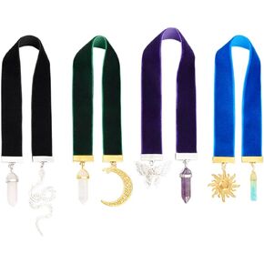 FINGERINSPIRE 4 Colors Velvet Ribbon Bookmark 12.6~14.2 inch Vintage Metal Charm Bookmark with Quartz Crystal/Amethyst/Butterfly/Moon/Sun Pendant Velvet Bookmarks for Student Teacher Book Lovers