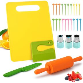 COSYLAND 25PCS Kids Cooking Set - Kids Safe Kitchen Kit for Real Cooking - Toddler Kitchen Tools with Plastic Food Knives, Cutting Board, Vegetable Cutters, Kids Rolling Pin and Fruit Picks