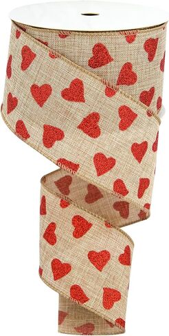 2.5'' x 10 Yard Valentine's Day Wired Edge Ribbon, Burlap Printed Red Heart Ribbons Gift Wrapping Ribbon for DIY Craft Wedding Party Wreath Bows Decoration (Burlap) in Saudi Arabia