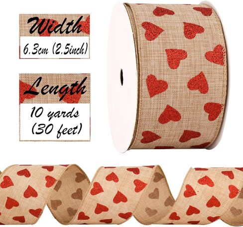 2.5'' x 10 Yard Valentine's Day Wired Edge Ribbon, Burlap Printed Red Heart Ribbons Gift Wrapping Ribbon for DIY Craft Wedding Party Wreath Bows Decoration (Burlap) in Saudi Arabia