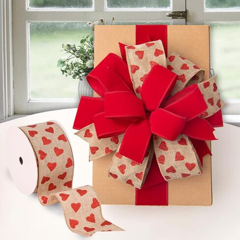 2.5'' x 10 Yard Valentine's Day Wired Edge Ribbon, Burlap Printed Red Heart Ribbons Gift Wrapping Ribbon for DIY Craft Wedding Party Wreath Bows Decoration (Burlap) in Saudi Arabia