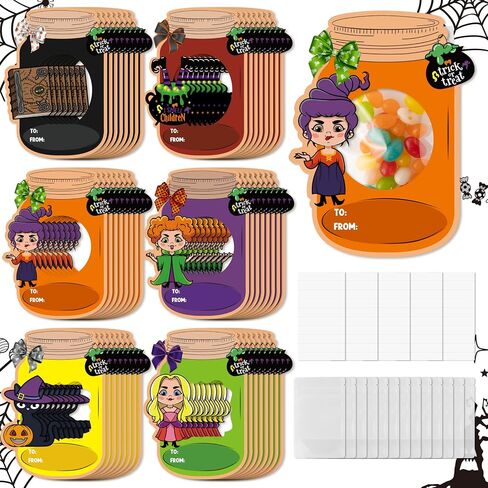 TICIAGA 48set Halloween Treat Bag Fillers with Gift Cards Happy Halloween Mason Jar Candy Holder for Kids DIY Halloween Skull Black Cat Candy Card Gifts Happy Halloween Trick or Treat Party Favors in Kuwait