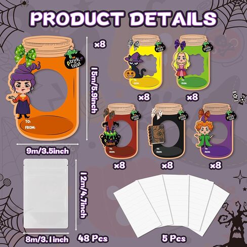 TICIAGA 48set Halloween Treat Bag Fillers with Gift Cards Happy Halloween Mason Jar Candy Holder for Kids DIY Halloween Skull Black Cat Candy Card Gifts Happy Halloween Trick or Treat Party Favors in Kuwait