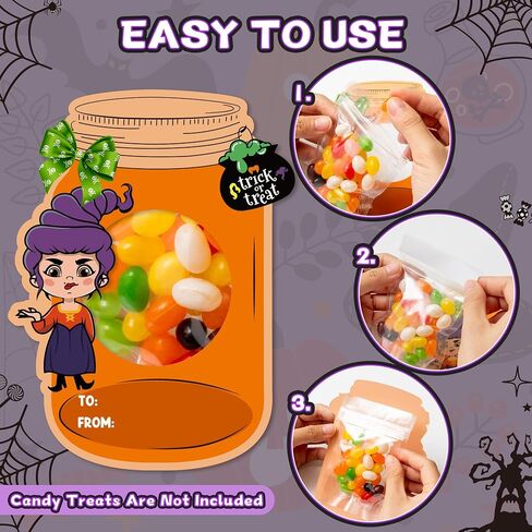 TICIAGA 48set Halloween Treat Bag Fillers with Gift Cards Happy Halloween Mason Jar Candy Holder for Kids DIY Halloween Skull Black Cat Candy Card Gifts Happy Halloween Trick or Treat Party Favors in Kuwait