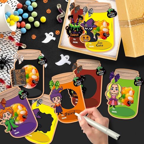 TICIAGA 48set Halloween Treat Bag Fillers with Gift Cards Happy Halloween Mason Jar Candy Holder for Kids DIY Halloween Skull Black Cat Candy Card Gifts Happy Halloween Trick or Treat Party Favors in Kuwait