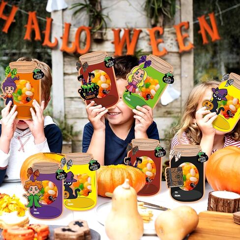 TICIAGA 48set Halloween Treat Bag Fillers with Gift Cards Happy Halloween Mason Jar Candy Holder for Kids DIY Halloween Skull Black Cat Candy Card Gifts Happy Halloween Trick or Treat Party Favors in Kuwait