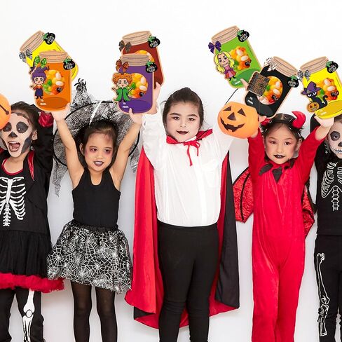 TICIAGA 48set Halloween Treat Bag Fillers with Gift Cards Happy Halloween Mason Jar Candy Holder for Kids DIY Halloween Skull Black Cat Candy Card Gifts Happy Halloween Trick or Treat Party Favors in Kuwait
