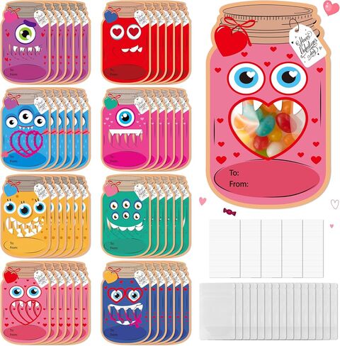 TICIAGA 48set Halloween Treat Bag Fillers with Gift Cards Happy Halloween Mason Jar Candy Holder for Kids DIY Halloween Skull Black Cat Candy Card Gifts Happy Halloween Trick or Treat Party Favors in Kuwait