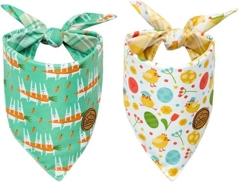CROWNED BEAUTY Easter Dog Bandanas Reversible Large 2 Pack, Bunnies & Chicks Set, Plaid Adjustable Triangle Holiday Scarves for Medium Large Extra Large Dogs Pets DB99-L in Saudi Arabia