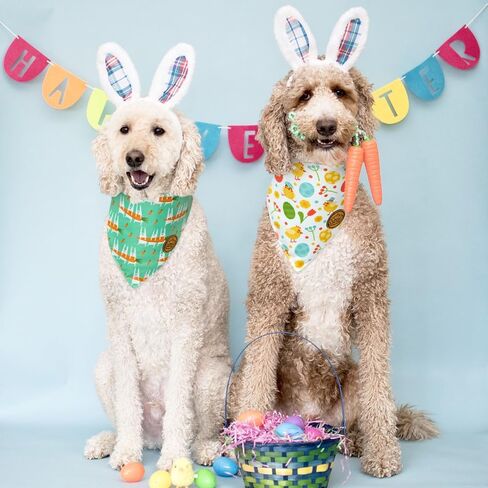 CROWNED BEAUTY Easter Dog Bandanas Reversible Large 2 Pack, Bunnies & Chicks Set, Plaid Adjustable Triangle Holiday Scarves for Medium Large Extra Large Dogs Pets DB99-L in Saudi Arabia