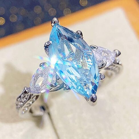 925 Sterling Silver Shining Horse Eye Shape light blue Cubic Zirconia Rings Diamond Rings for Women Jewelry Findings Earring Backs Findings (US Code 9) in Kuwait
