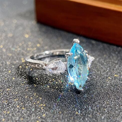 925 Sterling Silver Shining Horse Eye Shape light blue Cubic Zirconia Rings Diamond Rings for Women Jewelry Findings Earring Backs Findings (US Code 9) in Kuwait