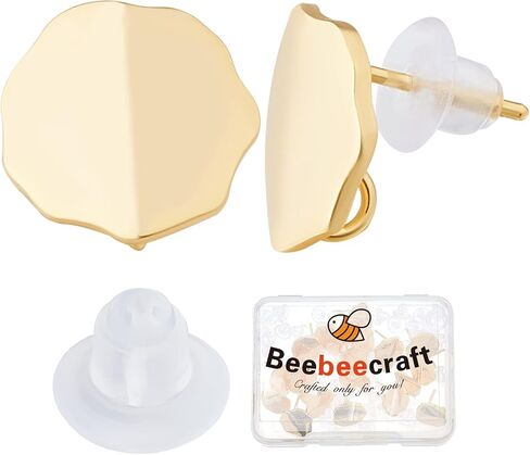 Beebeecraft 20Pcs/Box Irregular Round Stud Earring Findings 18K Gold Plated Fold Flat Round Earring Posts with Loop and Clear Ear Nuts for DIY Jewelry Making in Saudi Arabia