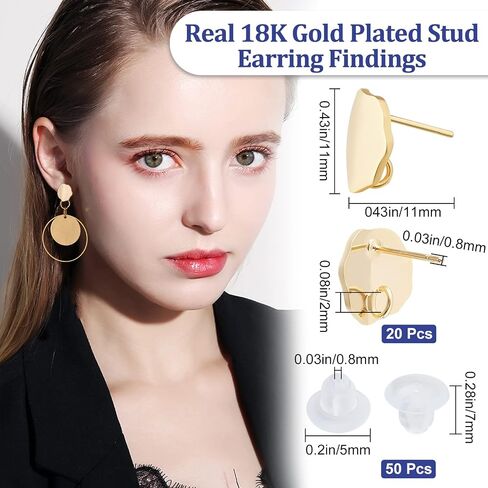Beebeecraft 20Pcs/Box Irregular Round Stud Earring Findings 18K Gold Plated Fold Flat Round Earring Posts with Loop and Clear Ear Nuts for DIY Jewelry Making in Saudi Arabia