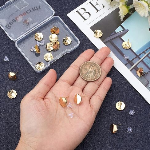 Beebeecraft 20Pcs/Box Irregular Round Stud Earring Findings 18K Gold Plated Fold Flat Round Earring Posts with Loop and Clear Ear Nuts for DIY Jewelry Making in Saudi Arabia