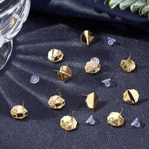 Beebeecraft 20Pcs/Box Irregular Round Stud Earring Findings 18K Gold Plated Fold Flat Round Earring Posts with Loop and Clear Ear Nuts for DIY Jewelry Making in Saudi Arabia