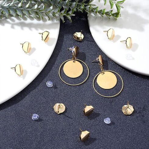 Beebeecraft 20Pcs/Box Irregular Round Stud Earring Findings 18K Gold Plated Fold Flat Round Earring Posts with Loop and Clear Ear Nuts for DIY Jewelry Making in Saudi Arabia
