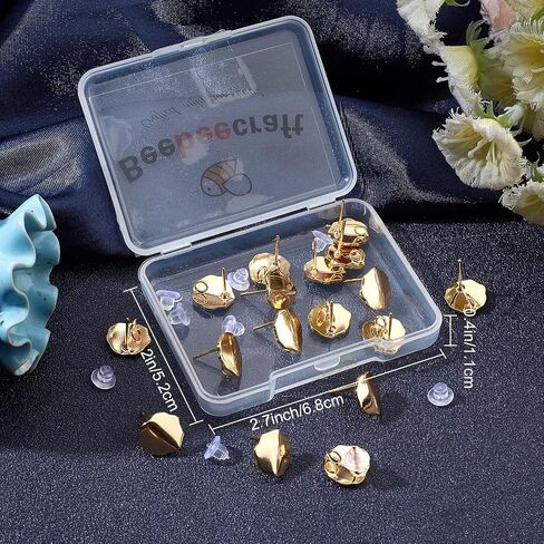 Beebeecraft 20Pcs/Box Irregular Round Stud Earring Findings 18K Gold Plated Fold Flat Round Earring Posts with Loop and Clear Ear Nuts for DIY Jewelry Making in Saudi Arabia