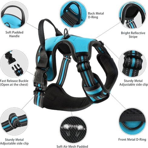 Dog Harness,Adjustable Soft Padded Dog Vest with 2 Leash Clips,No-Pull Pet Harness with 2 Snap Buckles,Reflective No-Choke Pet Oxford Vest for Small Medium Large Dogs (Blue, M) in Saudi Arabia