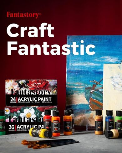 Fantastory Acrylic Paint Set, 24 Classic Colors(2oz), Professional Craft Paint Kit,Canvas/Rock/Stone/Ceramic/Model/Wood Painting with 12 Brushes in Kuwait