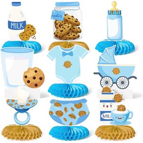 9 Pcs Milk and Cookies Birthday Party Decorations Supplies Honeycomb Centerpieces Cute Blue Milk Chocolate Chip Biscuit Themed 3D Table Toppers Decor for Kids Boys Baby Shower Gender Reveal
