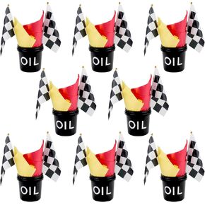 Set of 8 Racing Table Centerpieces Car Party Decorations Supplies Including 16 Checkered Flags 8 Plastic Buckets 8 Oil Stickers 32 Tissue Papers for Race Car Birthday Party Supplies