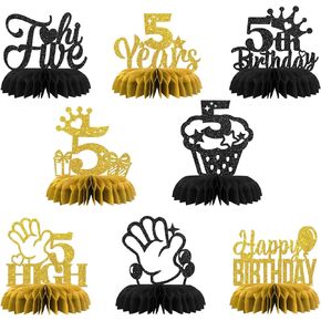 Maicaiffe 5th Birthday Table Honeycomb Centerpieses Decorations - Glitter 8 Pcs High Five Birthday Party Table Toppers Decor - Hello Five - Girl 5th Birthday Party Decoration Supplies