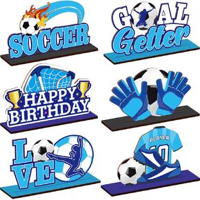 6 PCS Soccer Ball Birthday Table Decorations Blue White Birthday Table Centerpiece Wooden Sign Soccer Football Theme Birthday Party Decor Detachable Football Tabletop Decor for Boys Kids Bday Party