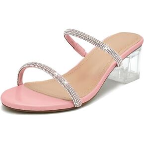 Women's Strappy Block Heels Square Open Toe Slip On Two Strap Clear Mules Rhinestones Sparkly Shine Sandals