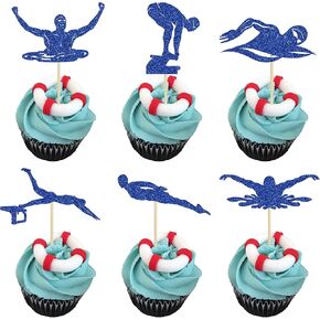 Ephlyn 24Pcs Swim Cupcake Toppers Swimming Team Diving Cupcake Picks Swimming Cake Decorations for Summer Beach Pool Party Birthday Baby Shower Supplies Black