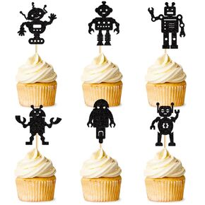 Ercadio 24 Pack Robot Gears Cupcake Toppers Black Cartoon Robot Gears Cupcake Toppers Picks Robot Gear Happy Birthday Cake Decor for Robot Theme Boys Birthday Baby Shower Party Supplies