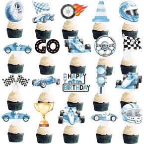 سباق عيد ميلاد Cupcake Topcake 48pcs الأزرق السباق للسيارة ديكورات حفلة عيد ميلاد المتقلب العلم كب كيك يختار اللوازم حفلة عيد ميلاد للسباق للسباق