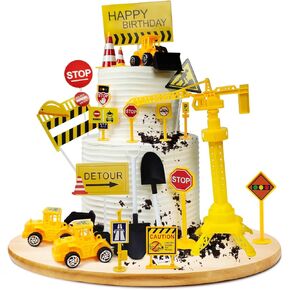 30 pcs Construction Cake Toppers Mini Vehicles Cake Decoration Set Excavator Tower Crane Toys Traffic and Road Sign Decor Construction Theme Birthday Party Supplies Gifts for Kids Boys