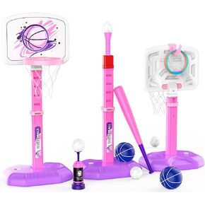 4 in 1 Kids Basketball Hoop and T Ball Set & Ring Toss Game Blue&Pink