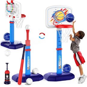 4 in 1 Kids Basketball Hoop and T Ball Set & Ring Toss Game Blue&Pink