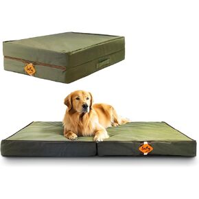 Laifug Foldable Waterproof Dog Bed for Large Dogs - Outdoor Orthopedic Dog Bed with Washable Removable Cover, Pet Mattress with Handles, Army Green, (44 x 32 x 3.5, inches)
