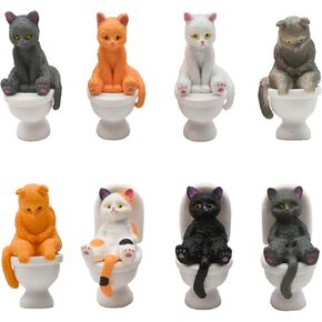 8Pcs Cat on Toilet Figurine Miniature Lazy Kitty Figures Mini Resin Kitten Cake Topper for DIY Easter Party Gift Dollhouse Fairy Garden Moss Landscape Desktop Decoration