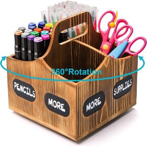 Wood Art Supply Organizer, 360 Degree Rotating Pencil Holder with Handle, 4 Compartment Spinning Pen Paint Brushes Crayon Holder for Home School, Office Supplies Desktop Storage Caddy