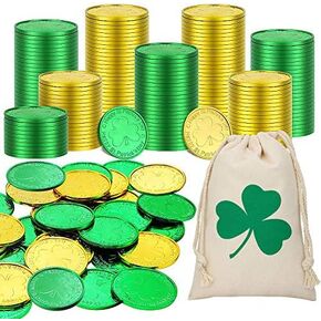 200 PCS St. Patrick's Day Shamrock Coins 3-Leaf Clover Good Luck Coins Green and Gold Plastic Table Sprinkles with Shamrocks Drawstring Bag for Party Supplies