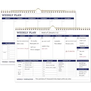 Large Weekly Planner - 17" x 12" Spiral Weekly Calendar, 53 Weekly Goals Schedule Planner for Planning and Organizing Family Activities, Meal Tracker, Undated