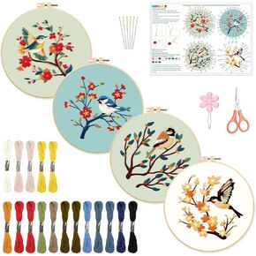 INFUNLY 4 Pack Hummingbird Embroidery Kits for Beginners Flower Cross Stitch Kit Animal DIY Needlepoint Kits Floral Stamped Embroidery Kit with Instructions Embroidery Hoops Threads