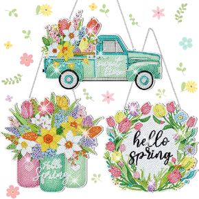 Menkxi 3 Pcs Spring Flowers Diamond Painting Kit DIY Spring Diamond Painting Hanging Sign Crystal Rhinestone Door Sign Wall Hanging Crafts for Beginners Gift Home Wall Window Decor
