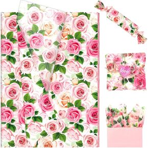 100 Sheets Rose Floral Tissue Paper, 20'' x 14'' Watercolor Rose Pattern Gift Wrapping Tissue for Mother's Day Bridal Shower Wedding Baby Shower Anniversary Gift Bags Decor