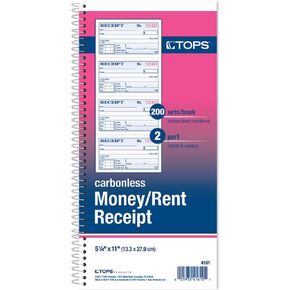 TOPS Money/Rent Receipt Book, 2-Part, Carbonless, 11 x 5.25 Inches, 4 Receipts/Page, 200 Sets per Book (4161) , White