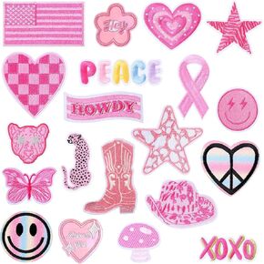 Tatuo 20 Pcs Pink Iron on Patches Embroidered Preppy Iron on Patches Western Cowgirl Sew Applique Patch for Clothes Jeans Jackets Backpack Dress Girls Hat Aesthetic DIY Repair Patch
